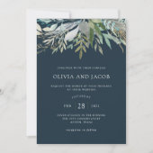 Invitation Chic Foliage | Mariage bleu foncé (Devant)