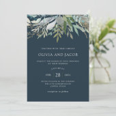 Invitation Chic Foliage | Mariage bleu foncé (Debout devant)