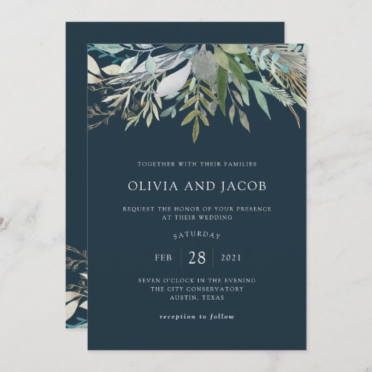 Invitation Chic Foliage | Mariage bleu foncé (Devant / Derrière)