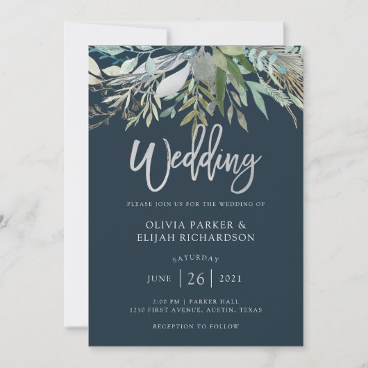 Invitation Chic Foliage | Mariage bleu foncé (Devant)