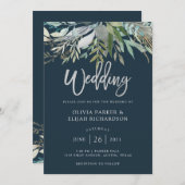 Invitation Chic Foliage | Mariage bleu foncé (Devant / Derrière)