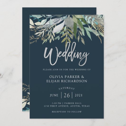 Invitation Chic Foliage | Mariage bleu foncé (Devant / Derrière)