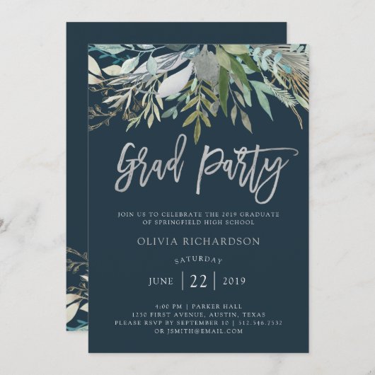 Invitation Chic Foliage | Script Argent de la fête de graduat (Devant / Derrière)