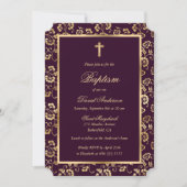 Invitation Chic foncé violet or croix Script floral Baptême (Devant)