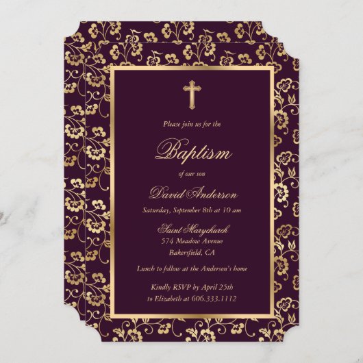 Invitation Chic foncé violet or croix Script floral Baptême (Devant / Derrière)