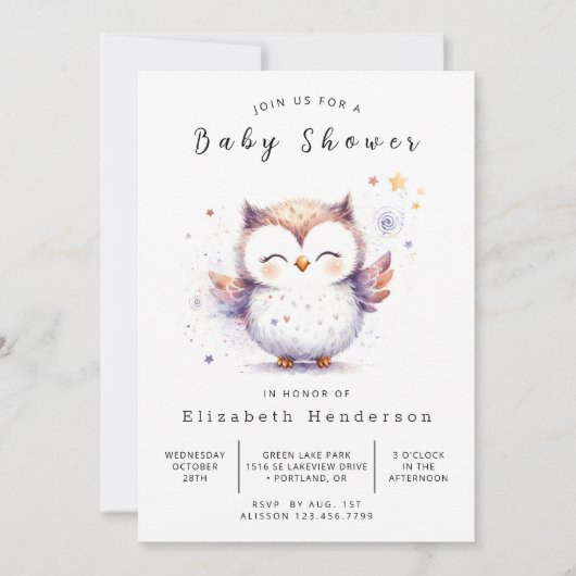 Invitation Chic Forest Owl Baby shower (Devant)