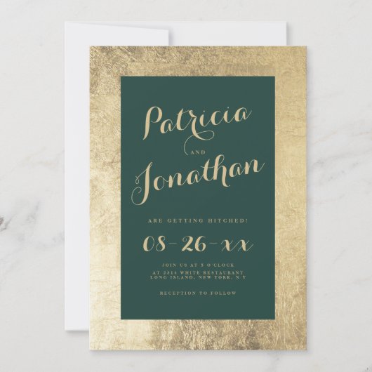 Invitation Chic forêt verte cadre or mariage calligraphie (Devant)