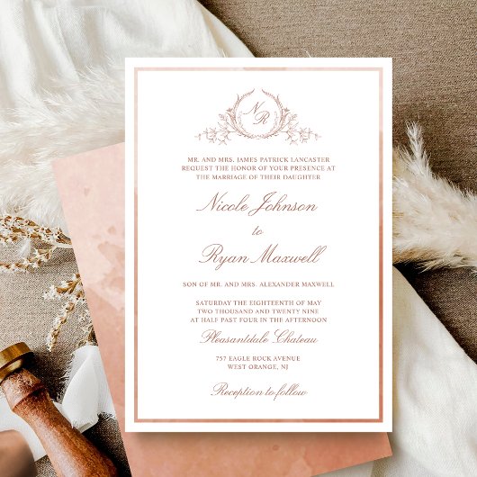 Invitation Chic Formel Monogramme Terracotta Aquarelle Mariag