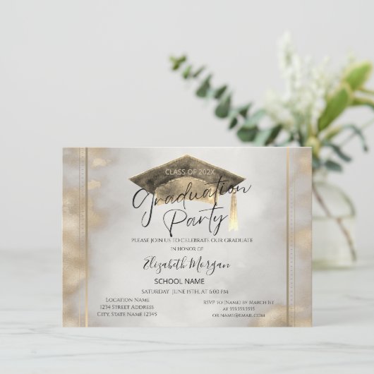 Invitation  Chic Frame Grad Cap Gold Graduation  (Debout devant)