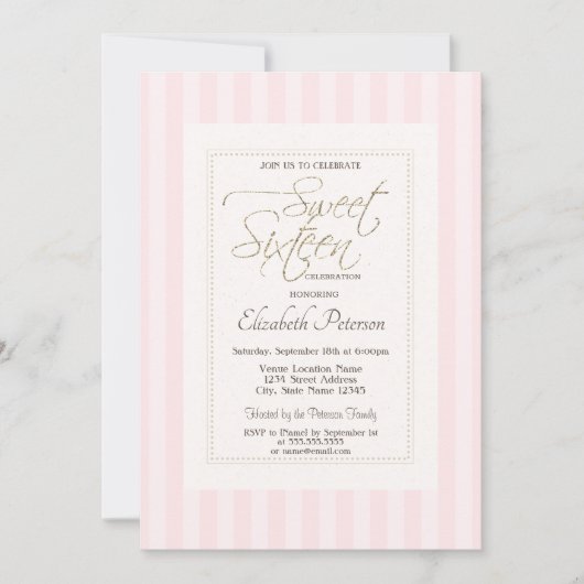 Invitation Chic Frame rose rayé Sweet 16 (Devant)