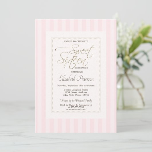 Invitation Chic Frame rose rayé Sweet 16 (Debout devant)