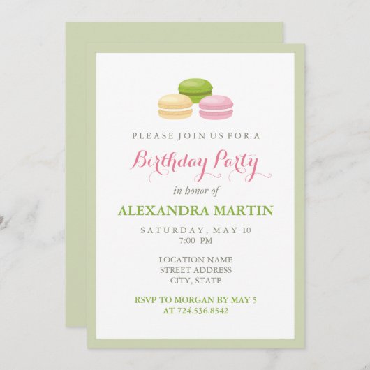 Invitation Chic French Macaron fête d'anniversaire (Devant / Derrière)