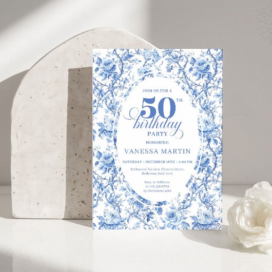 Invitation Chic French Toile de Jouy Blue Roses 50th Birthday
