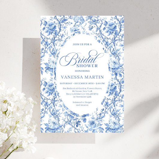 Invitation Chic French Toile de Jouy Blue Roses Bridal Shower