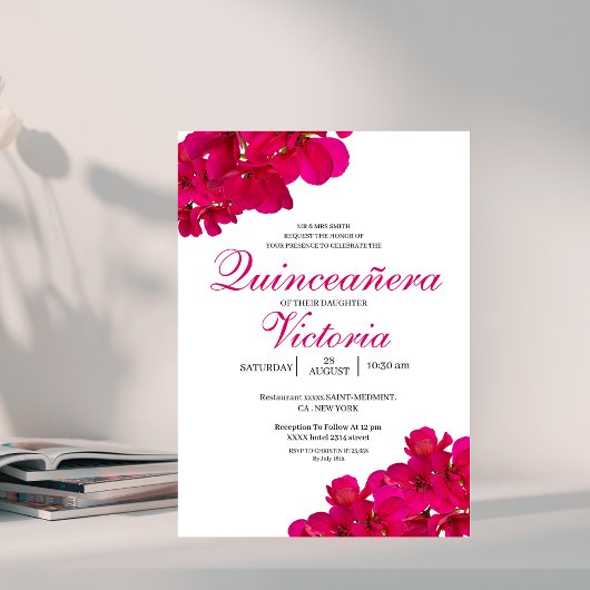Invitation Chic Fuchsia & Hot Pink Rose Quinceañera