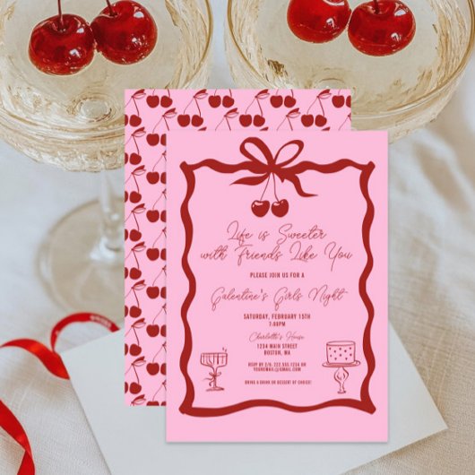 Invitation Chic Galentine's Day Bow rose et cerise rouge