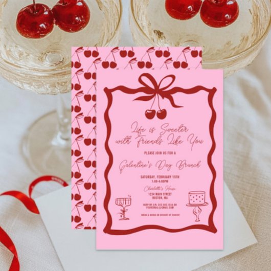 Invitation Chic Galentine's Day Bow rose et cerise rouge