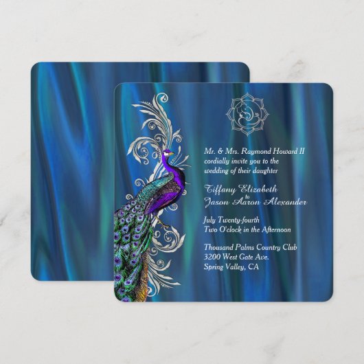 Invitation Chic Ganesha 3 Satin Bleu et Mariage Peacock (Devant / Derrière)