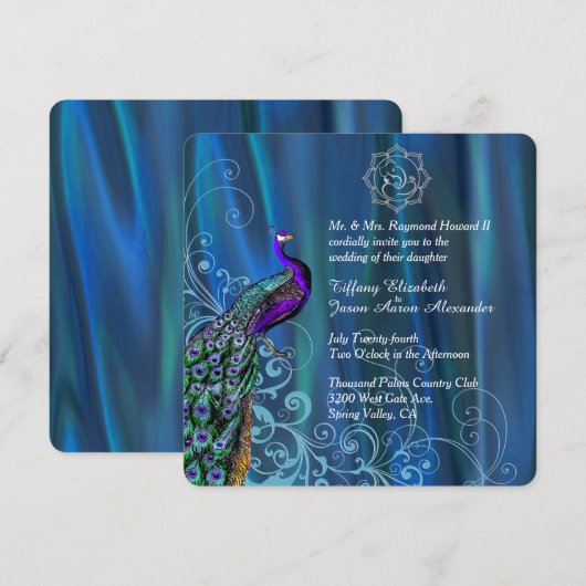 Invitation Chic Ganesha Blue Satin et Mariage Peacock  (Devant / Derrière)