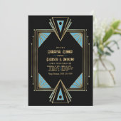 Invitation Chic Gatsby Art Deco Blue & Gold Rehearsal Dinner (Debout devant)