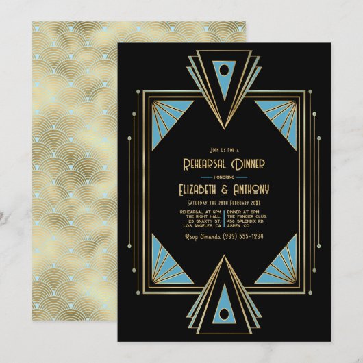 Invitation Chic Gatsby Art Deco Blue & Gold Rehearsal Dinner (Devant / Derrière)