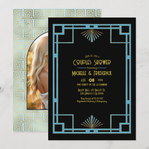 Invitation Chic Gatsby Art Déco Blue & Or Fête de Couple