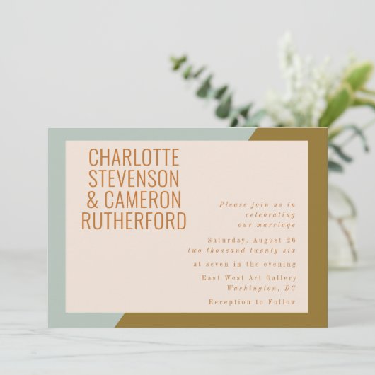 Invitation Chic Géométrique Bleu Clair et Olive Mariage (Debout devant)