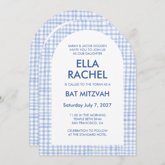 Invitation Chic Gingham Modern Custom QR Bat Bar Mitzvah Arch (Devant / Derrière)