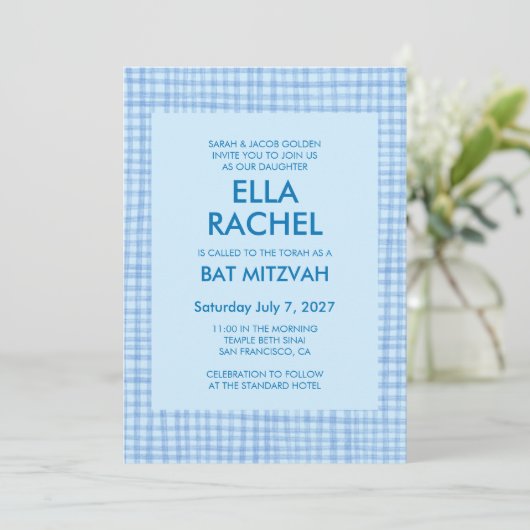 Invitation Chic Gingham Modern Custom QR CODE Bat Bar Mitzvah (Debout devant)