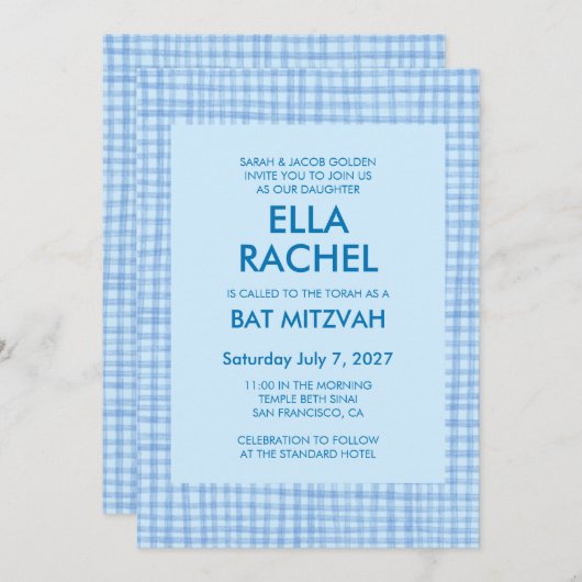 Invitation Chic Gingham Modern Custom QR CODE Bat Bar Mitzvah (Devant / Derrière)