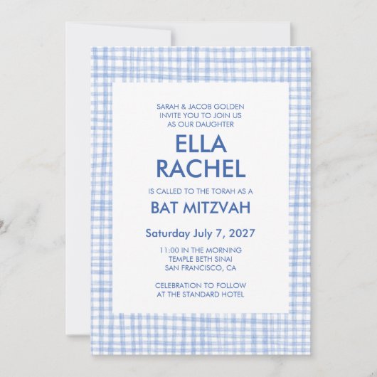 Invitation Chic Gingham Modern Custom QR CODE Bat Bar Mitzvah (Devant)