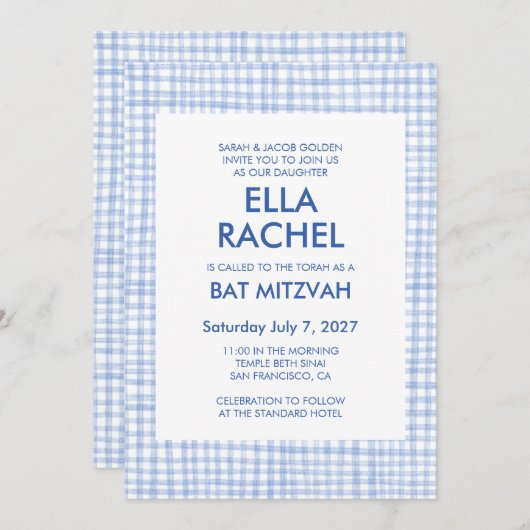 Invitation Chic Gingham Modern Custom QR CODE Bat Bar Mitzvah (Devant / Derrière)