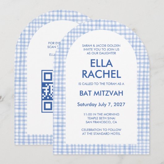 Invitation Chic Gingham Moderne Arch de Bar Mitzvah personnal (Devant / Derrière)