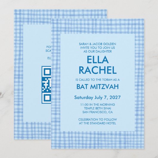 Invitation Chic Gingham Moderne Code QR Personnalisé Bar Mitz (Devant / Derrière)