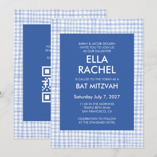 Invitation Chic Gingham Moderne Code QR Personnalisé Bar Mitz (Devant / Derrière)