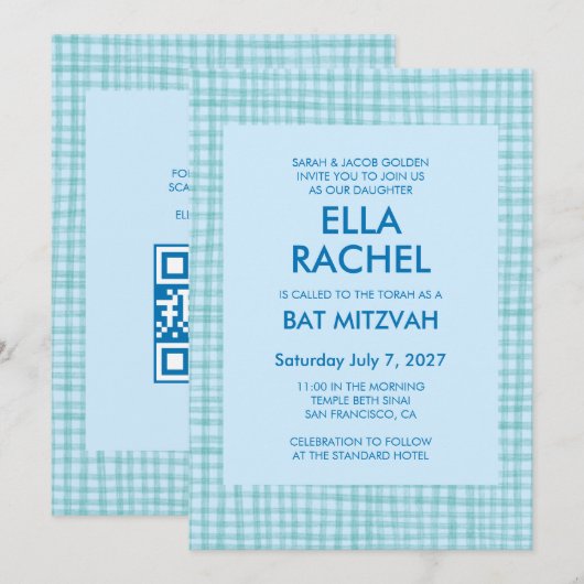 Invitation Chic Gingham Moderne Code QR Personnalisé Bar Mitz (Devant / Derrière)