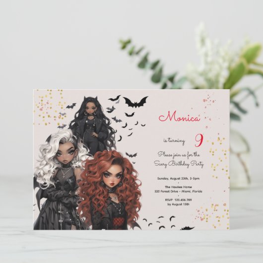 Invitation Chic glam gothique effrayant filles fête d'anniver (Debout devant)