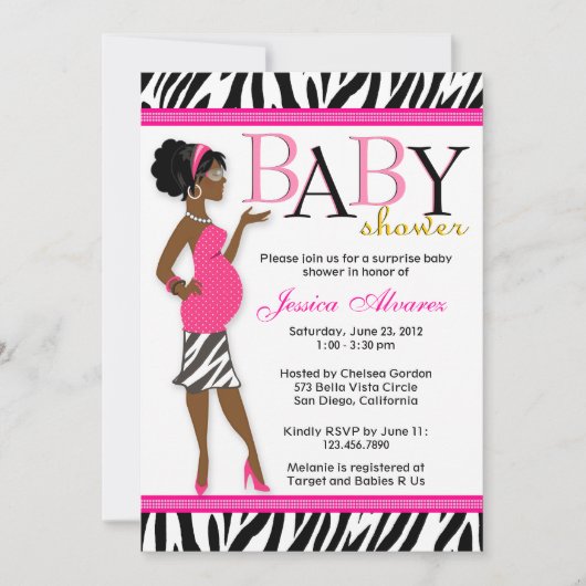 Invitation Chic Glam Modern Maman Pink Zebra Baby shower (Devant)