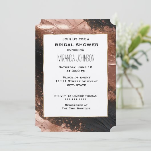 Invitation Chic Glam Rose Gold Black Fête des mariées Abstrai (Debout devant)