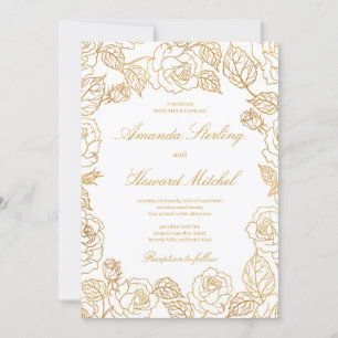 Invitation Chic glamour feuille or fleurs roses mariage