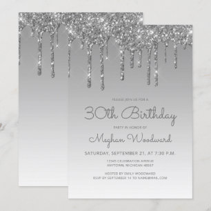 Invitation Chic Glitter Drip Argent 30e Anniversaire