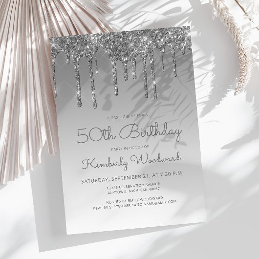Invitation Chic Glitter Drip Argent 50e Anniversaire