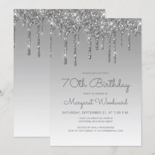 Invitation Chic Glitter Drip Argent 70e Anniversaire