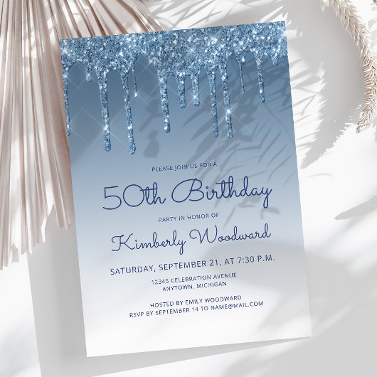 Invitation Chic Glitter Drip Blue 50th Birthday
