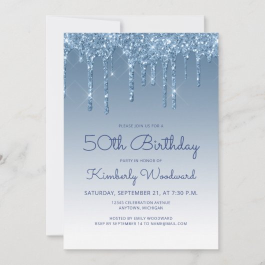 Invitation Chic Glitter Drip Blue 50th Birthday (Devant)