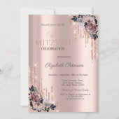 Invitation Chic Glitter Drips Fleurs Or Rose Bat Mitzvah (Devant)