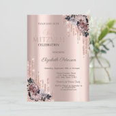 Invitation Chic Glitter Drips Fleurs Rose Gold Bat Mitzvah   (Debout devant)