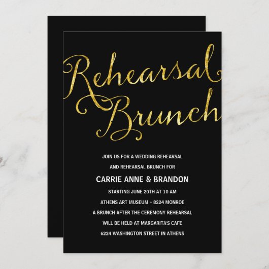 Invitation Chic Gold & Black Rehearal Brunch (Devant / Derrière)