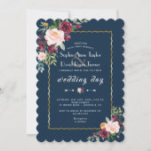 Invitation Chic Gold Burgundy Blush Floral Blue Mariage (Devant)