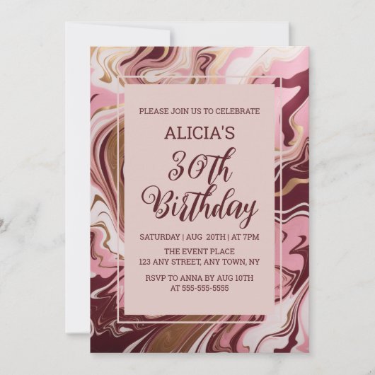 Invitation Chic Gold Burgundy Marbre rose Fluid 30e anniversa (Devant)